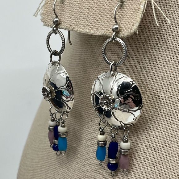 90's Handmade Sterling Silver Shell Drop Earrings with Beaded Accents - Picture 4 of 17